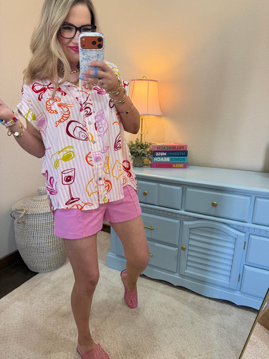 Pink Striped Printed Button Top