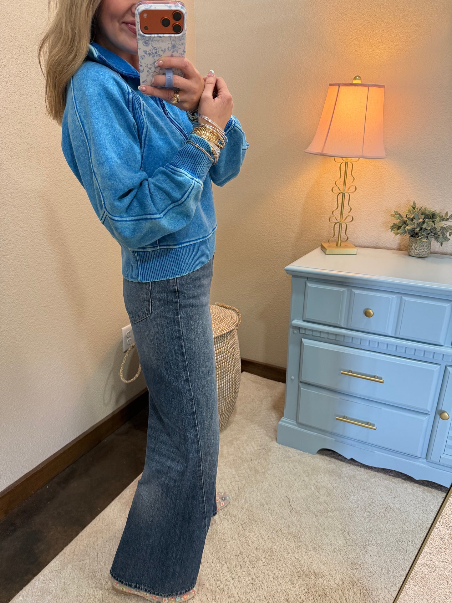 Ocean Blue Acid Washed Half Zip Fleece Pullover