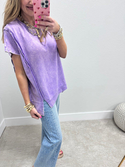 Lavender Mineral Washed Exposed Hem Short Sleeve