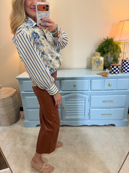 Denim Floral Stripe Sleeve Top with Pearl Buttons