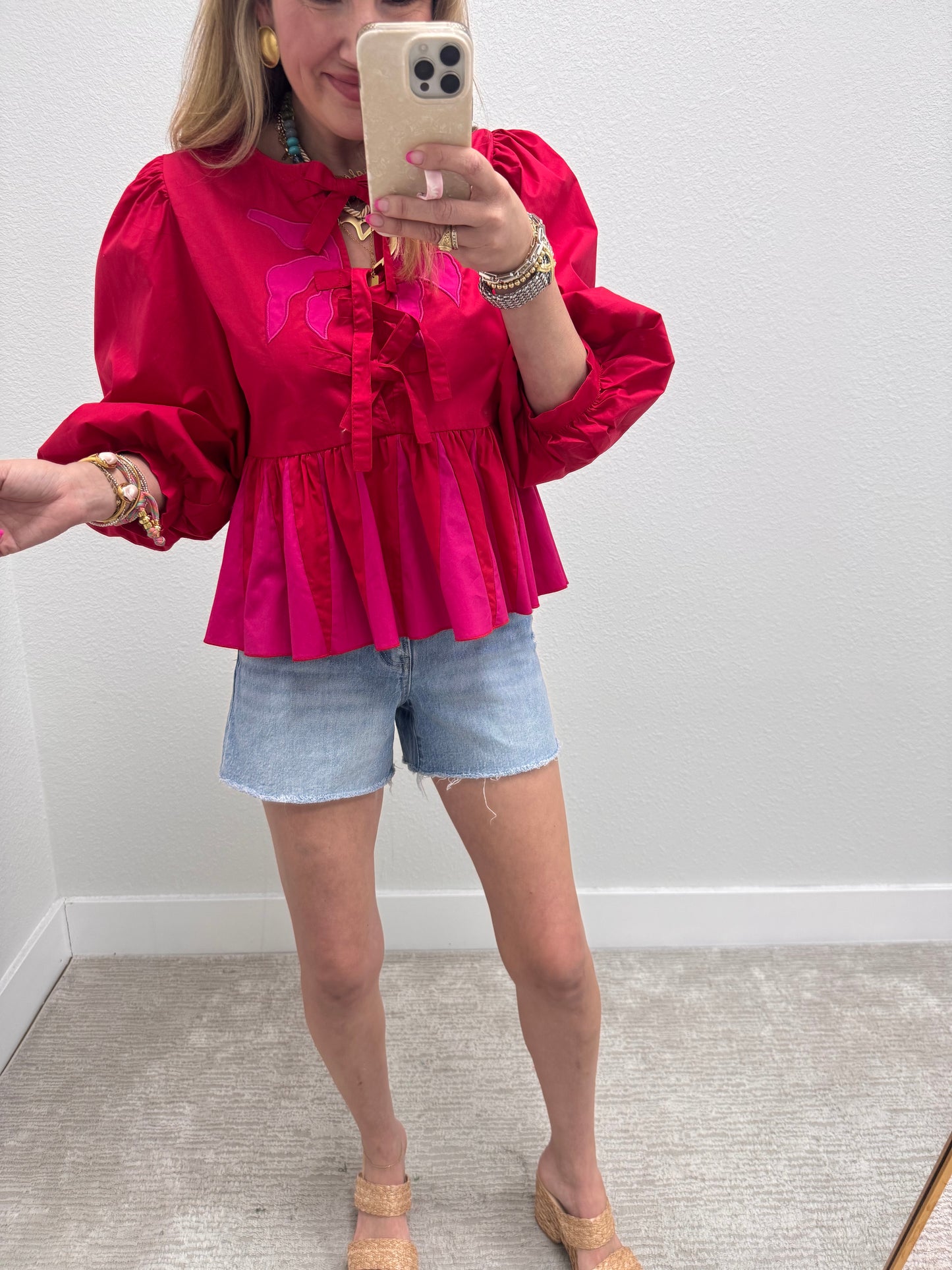 Fuchsia And Red Front Tie Ruffle Top