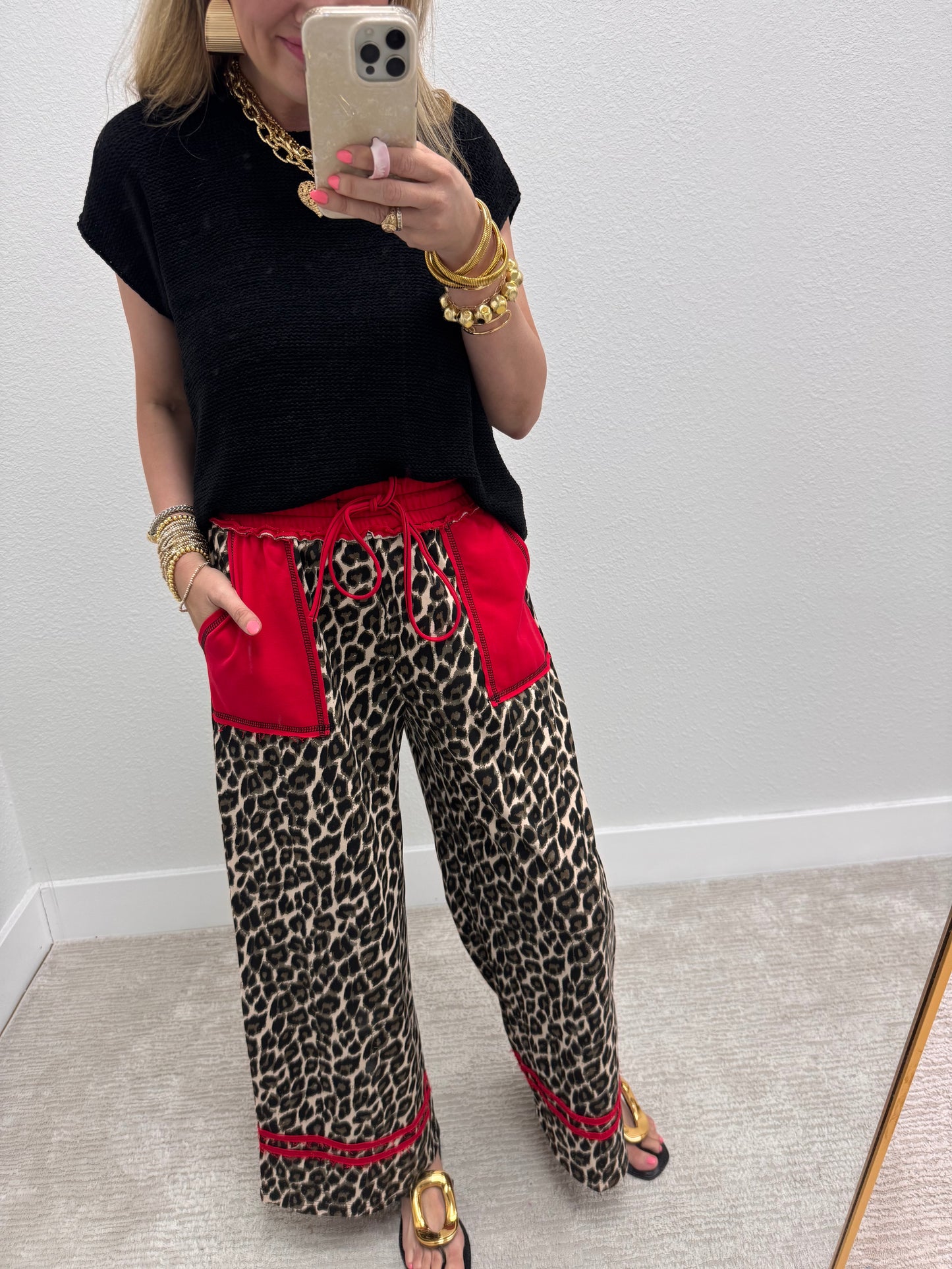 Red Detailed Leopard Print Terry Wide Leg Pant