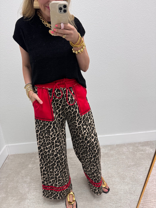 Red Detailed Leopard Print Terry Wide Leg Pant