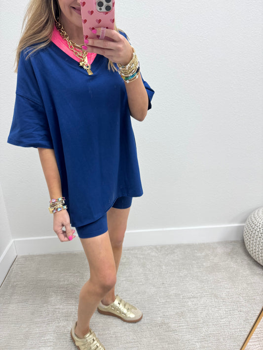Navy Cotton Vneck Biker Short Two Piece Set