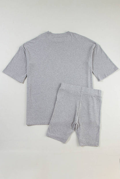 Gray Oversized Loose Tee and Skinny Shorts Set