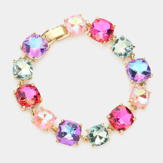 Cushion Square Stone Link Evening Bracelet- Multicolor Stone Dark Multi