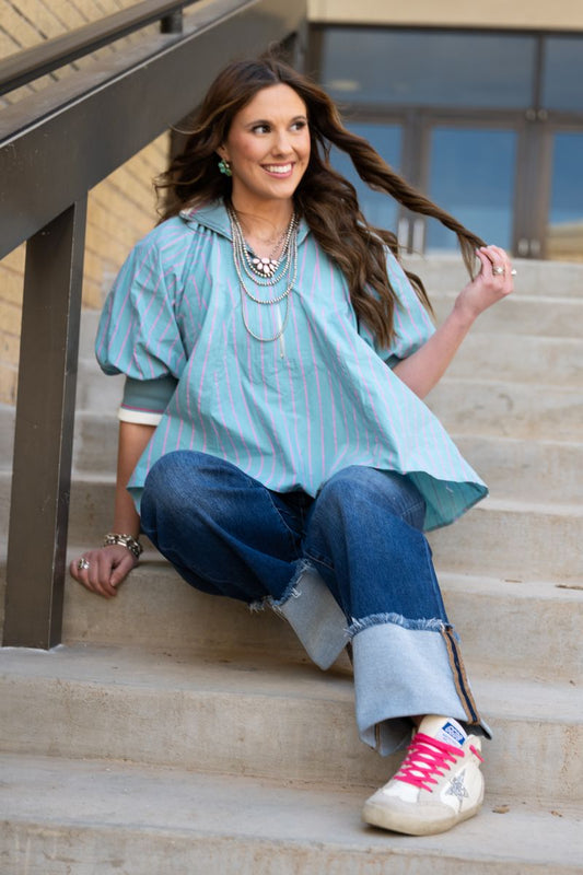 Heather Welper Collection Dusty Blue Mock Neck Band Puff Sleeve Blouse