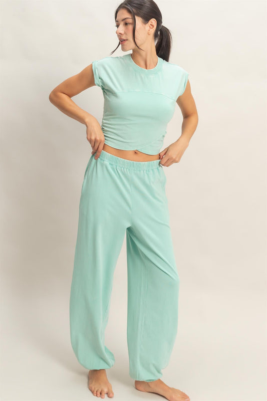 Turquoise Rolled Sleeve Wrap-front Crop Top And Jogger Set