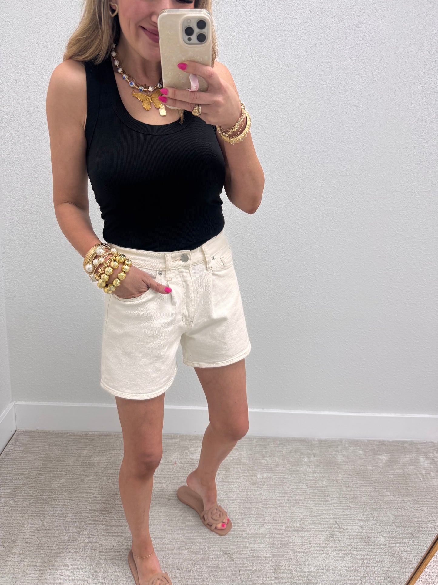 Cream JBD Pleated Denim Shorts