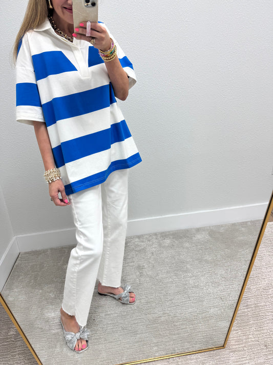 Blue and White Stripe Oversized Collar Top