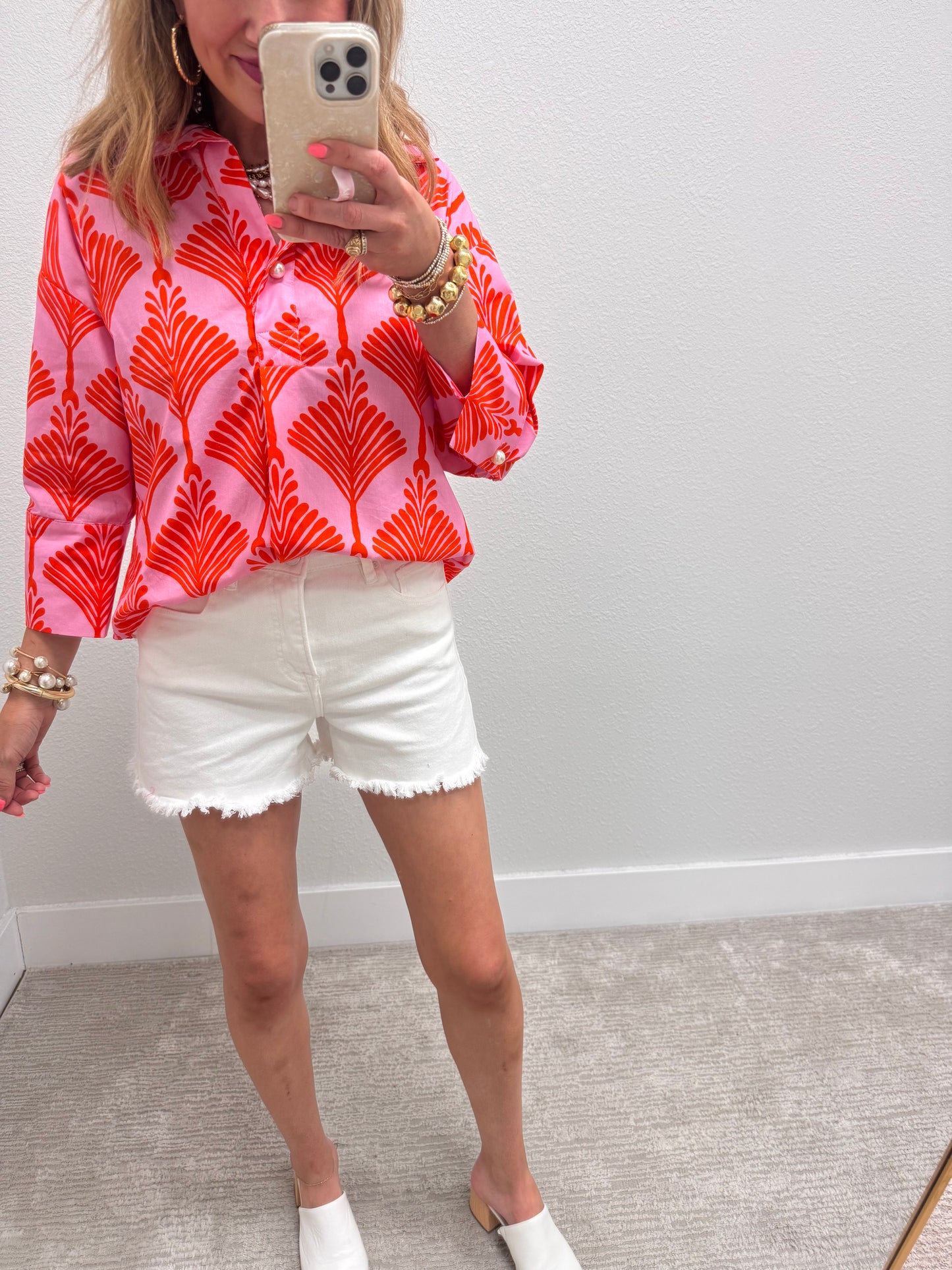 Orange Quarter Button Long Sleeve Top