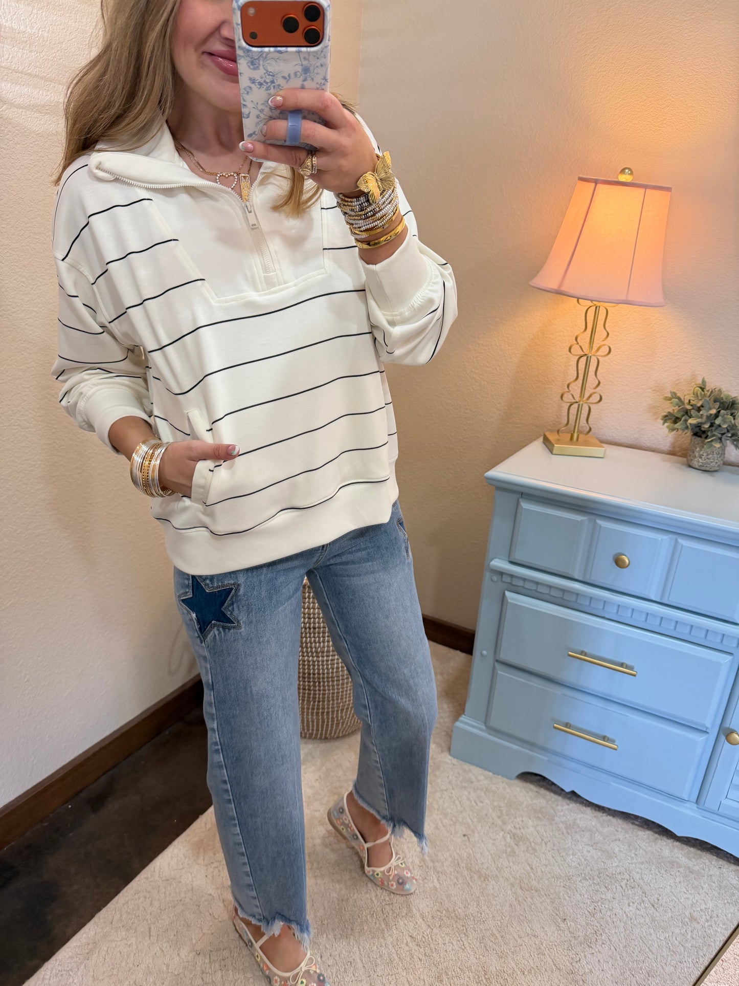 Cream Scuba Striped 3/4 Zip