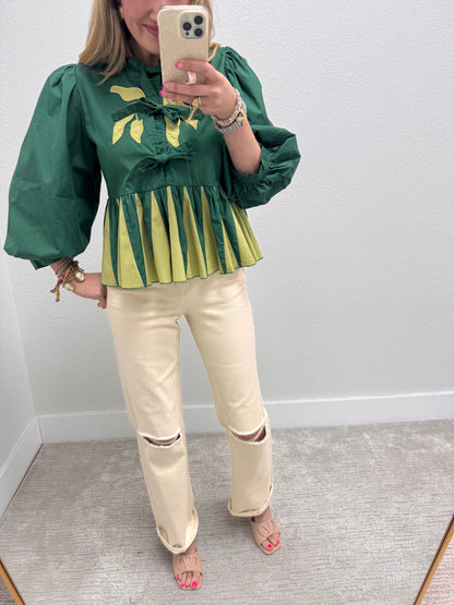 Hunter Green and Avocado Front Tie Ruffle Top