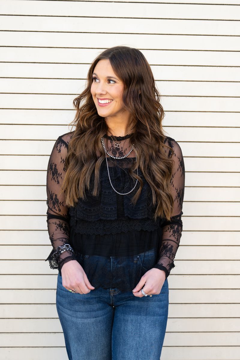 Heather Welper Collection Black Tiered Lace Long Sleeve Top