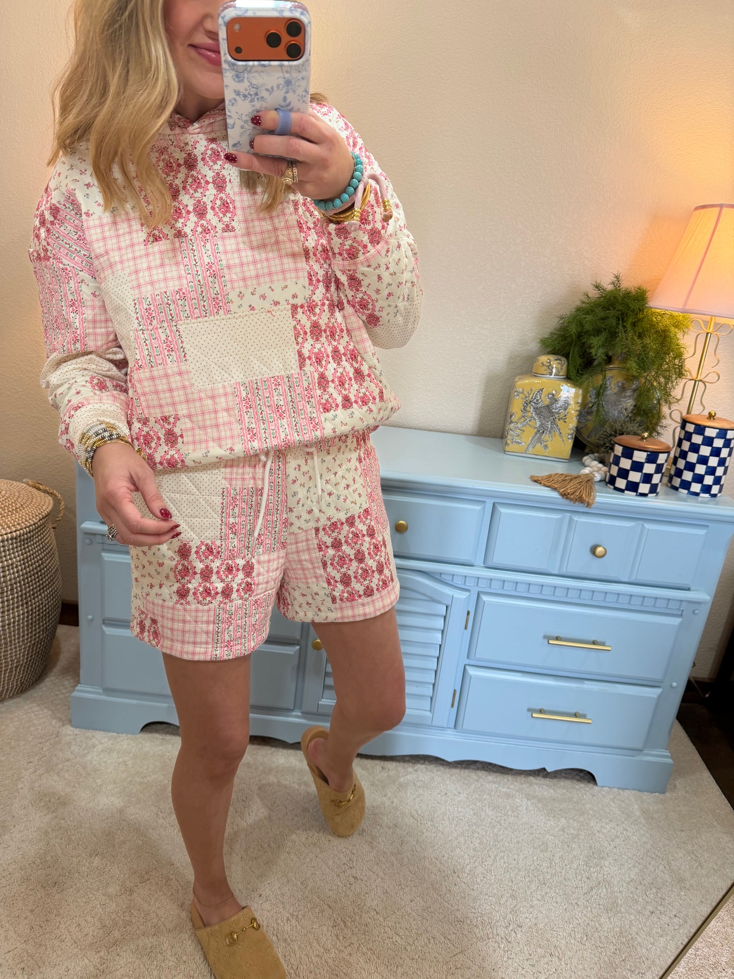 Pink Quilted Floral Short Set