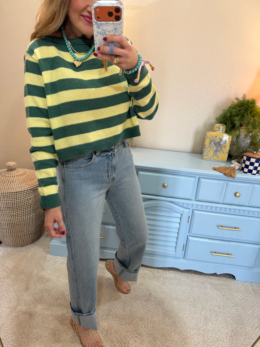 Dark Green & Pale Yellow Relaxed Fit Striped Boat Neck Sweater