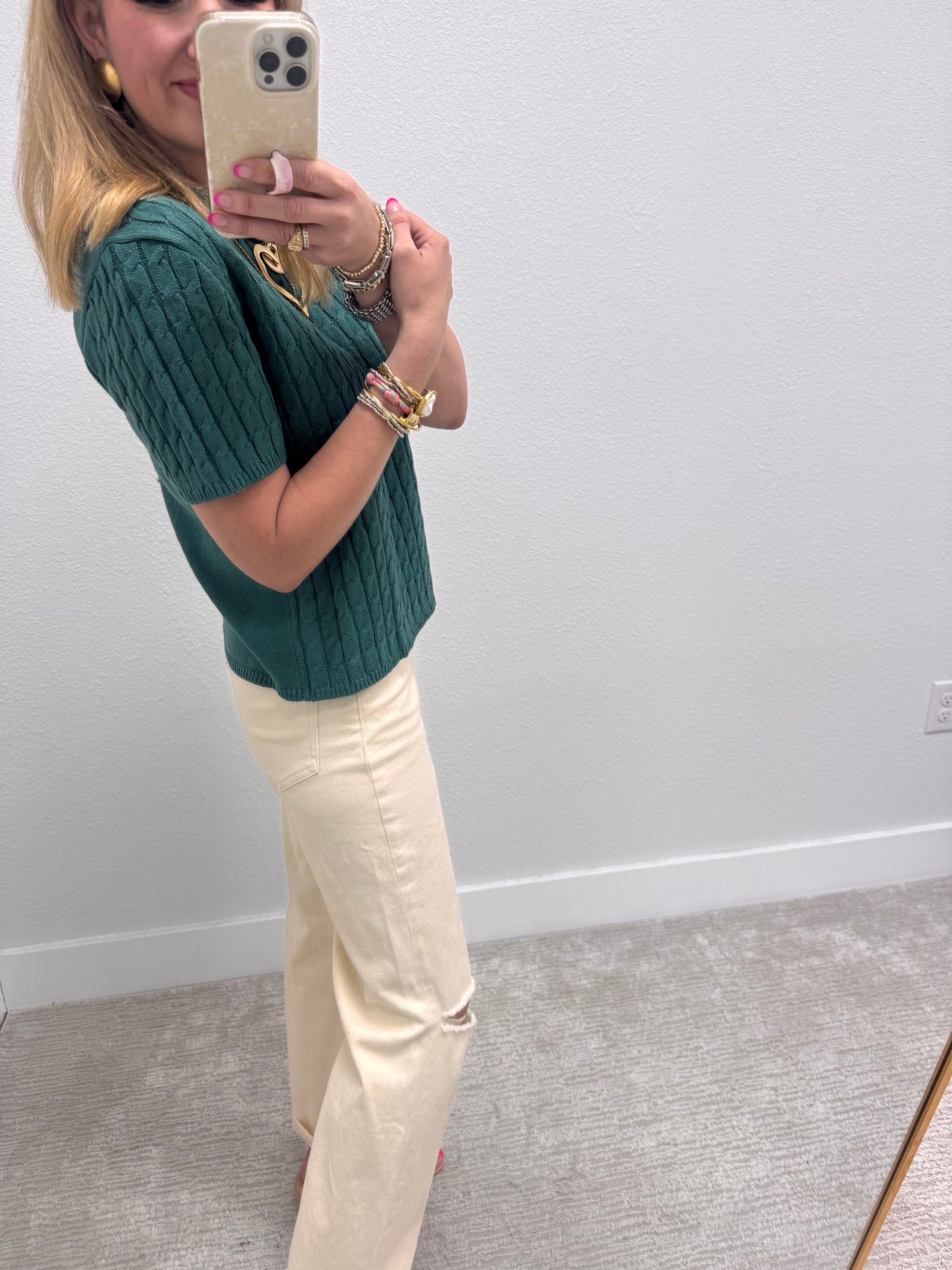 Evergreen Round Neck Cable Knit Top