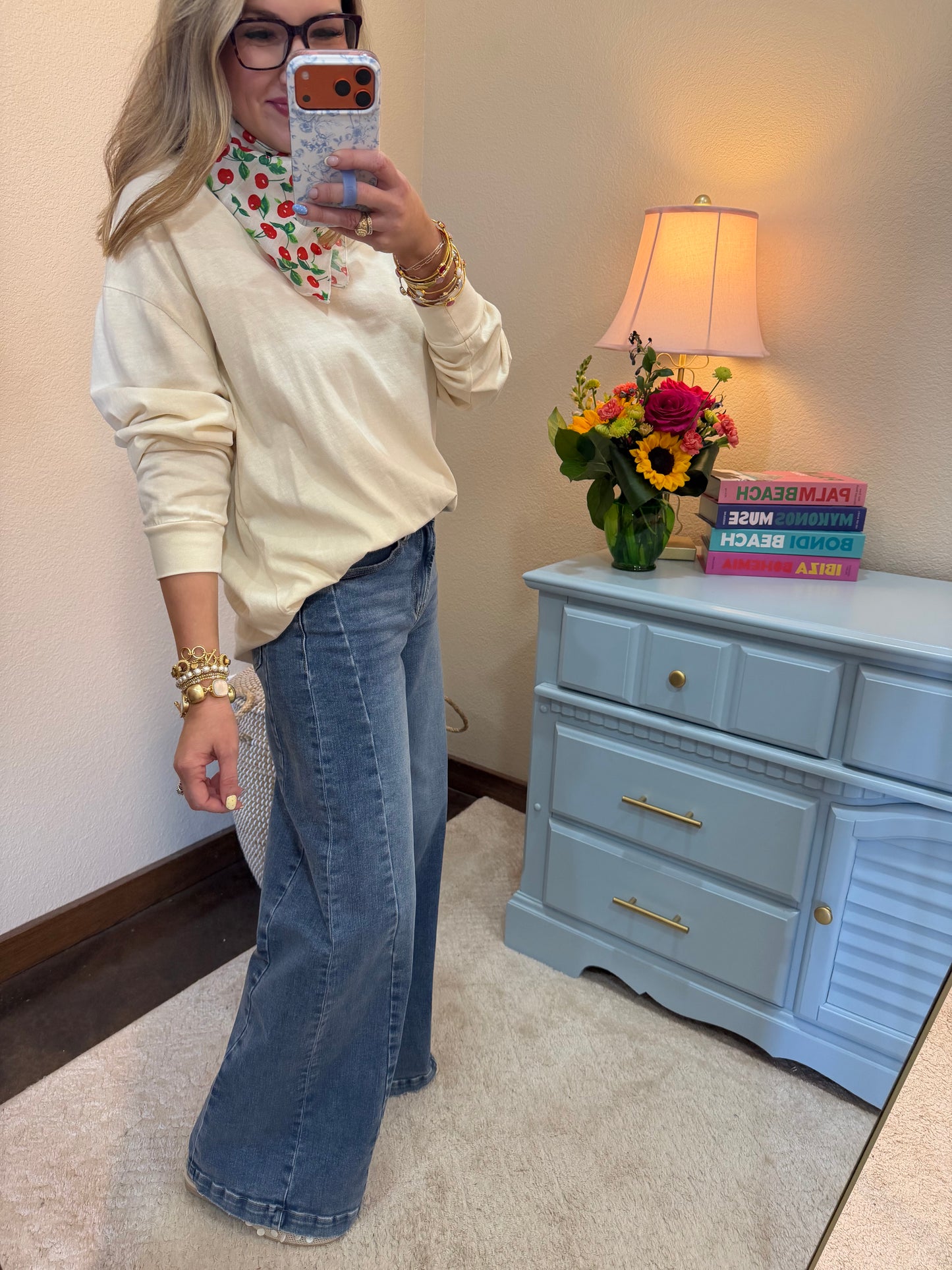 Medium Wash Wide Leg Side Panel Denim Pants