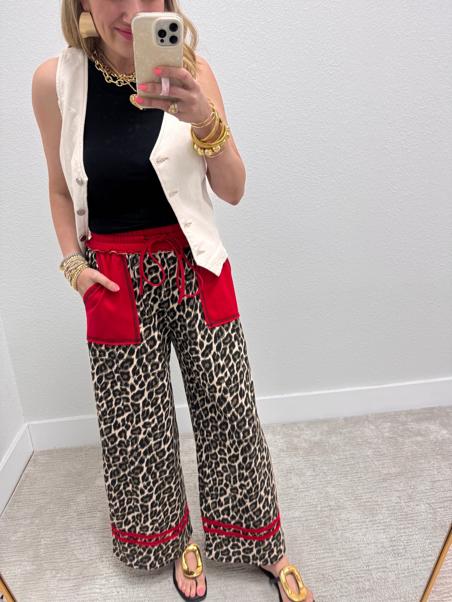 Red Detailed Leopard Print Terry Wide Leg Pant