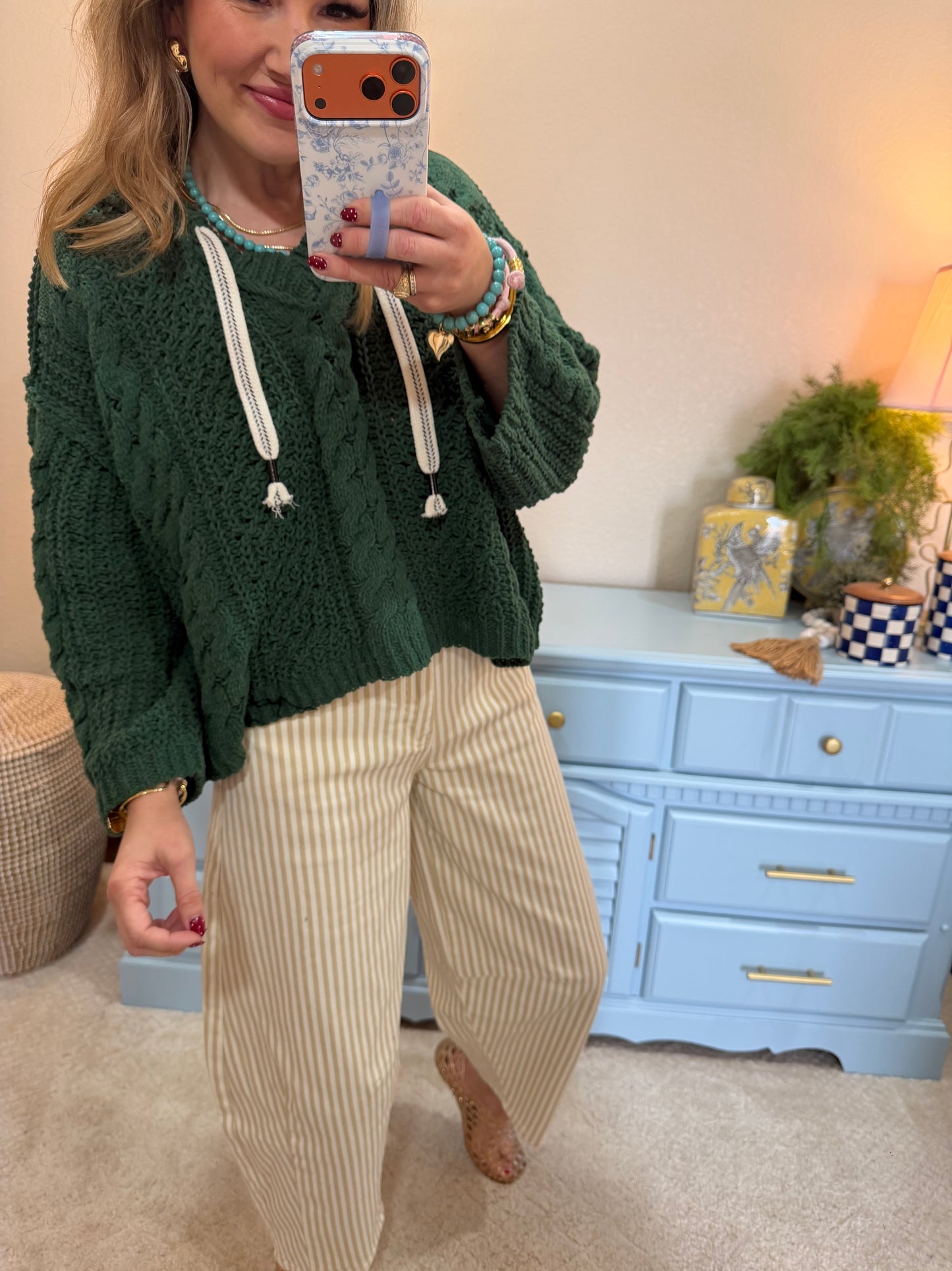 Green Cable Knit Printed Tie Sweater