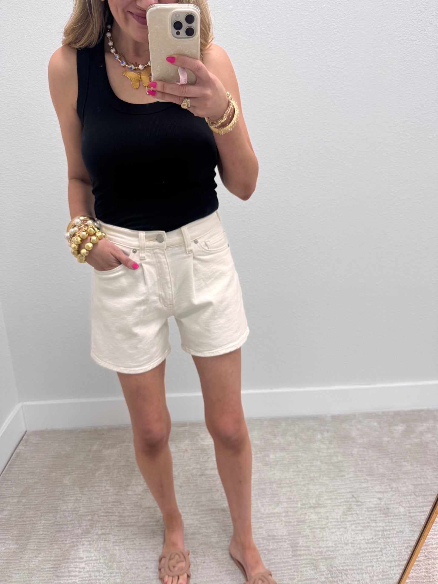 Cream JBD Pleated Denim Shorts