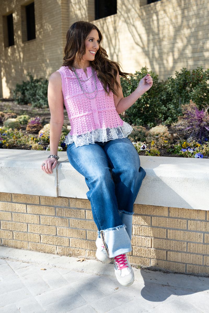 Heather Welper Light Pink Knit Lace Ruffle Top