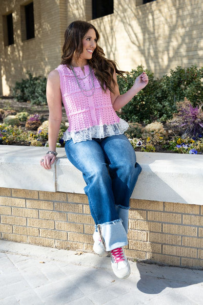 Heather Welper Light Pink Knit Lace Ruffle Top