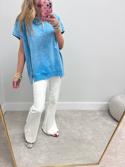 Sky Blue Mineral Washed Exposed Hem Short Sleeve