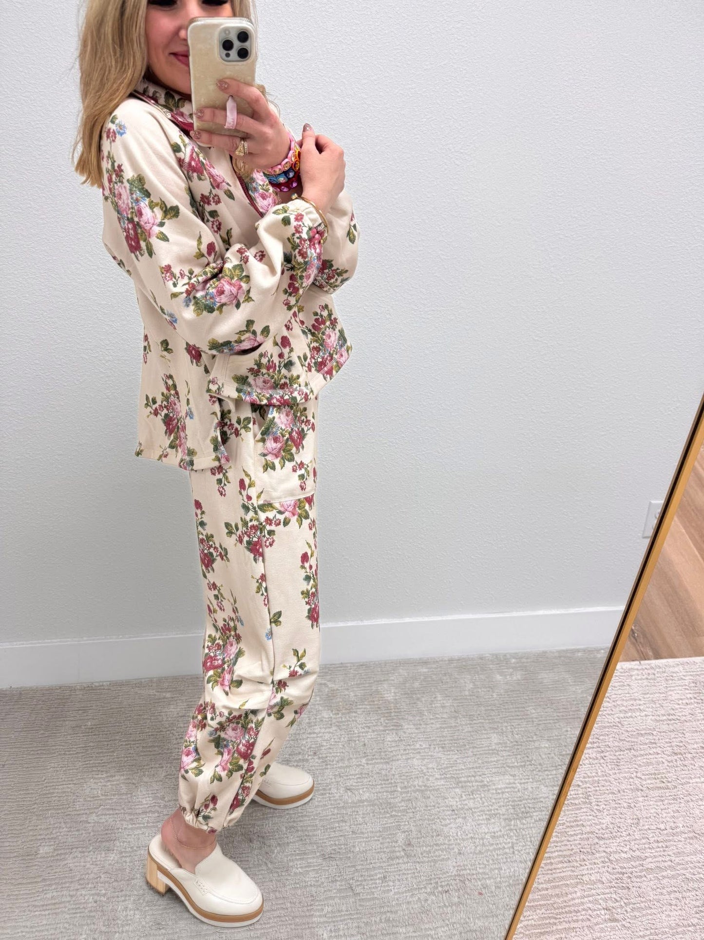 Flower Bouquet French Terry Half Zip Pants Set