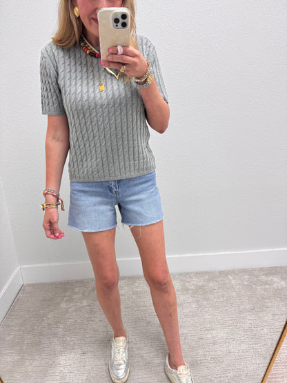 Heather Gray Round Neck Cable Knit Top