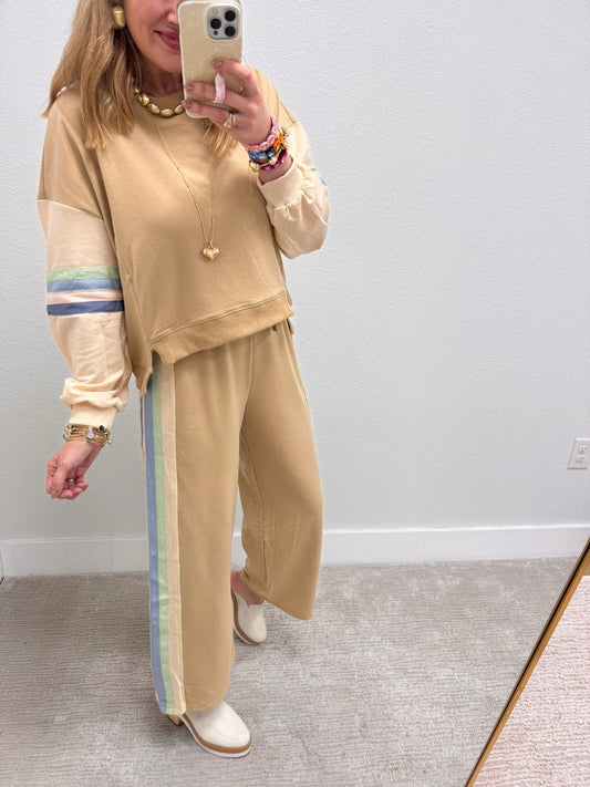 Taupe Color Tape Detail Knit Top & Pants Comfy Set