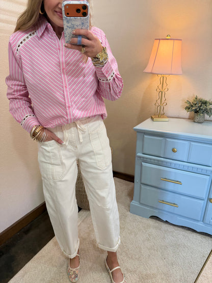 Cream Risen Cargo Pocket Barrel Cuff Jeans