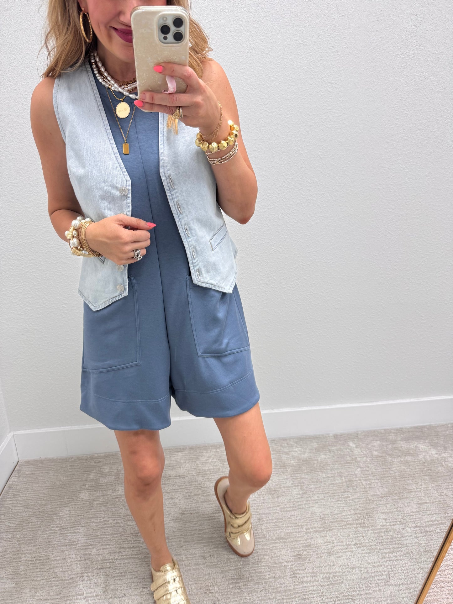 Denim Blue Solid Romper with Front Pockets