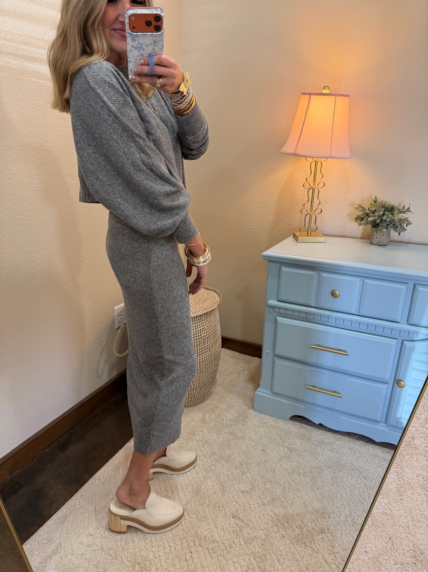 Gray Two Piece Skirt Set