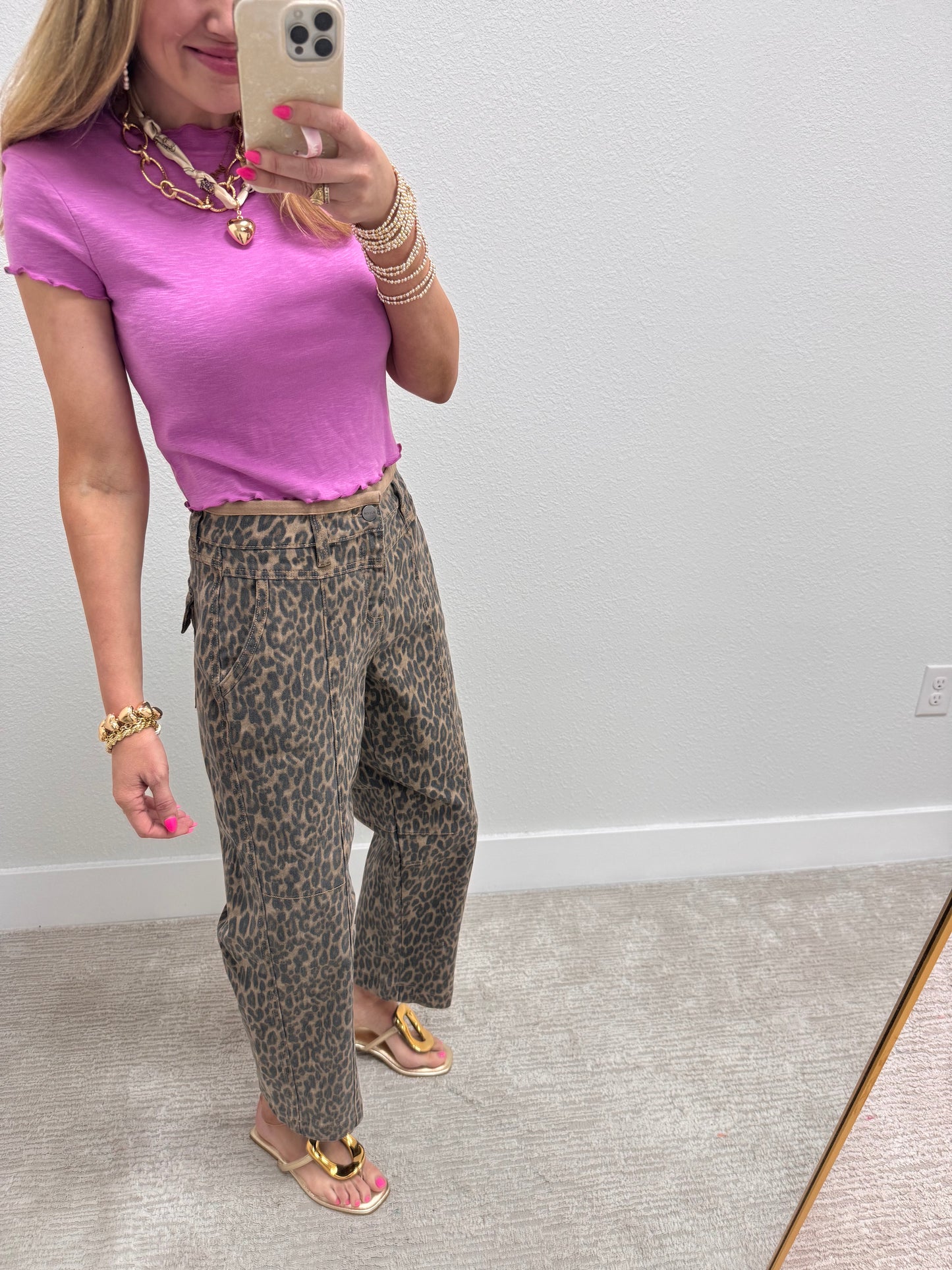 Risen Leopard Camel Mid Rise Crop Relaxed Fit Jeans