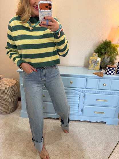 Dark Green & Pale Yellow Relaxed Fit Striped Boat Neck Sweater