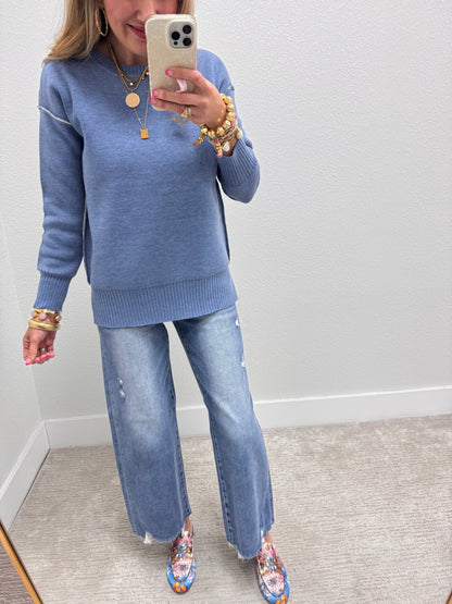 Dusty Blue & Cream Round Neck Contrast Trim Sweater