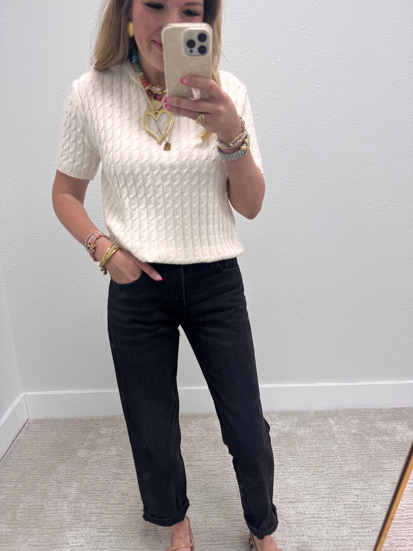 Cream Round Neck Cable Knit Top
