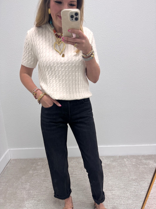Cream Round Neck Cable Knit Top