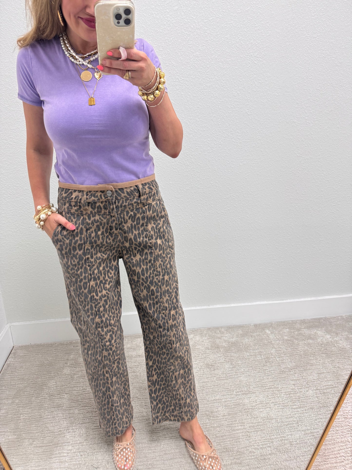 Risen Leopard Camel Mid Rise Crop Relaxed Fit Jeans