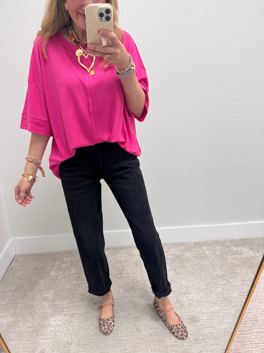 Pink Ribbed Half Sleeve Top
