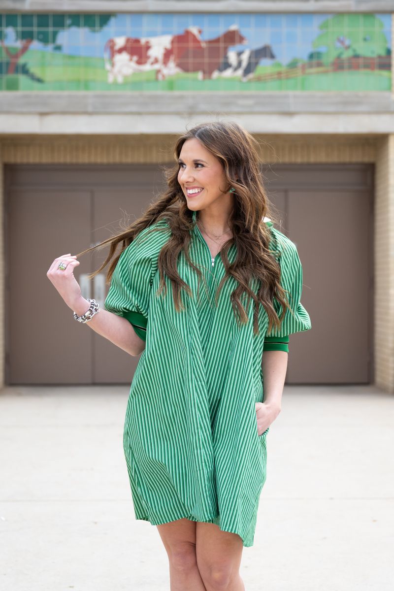Heather Welper Collection Kelly Green Mock Neck Band Puff Sleeve Mini Dress