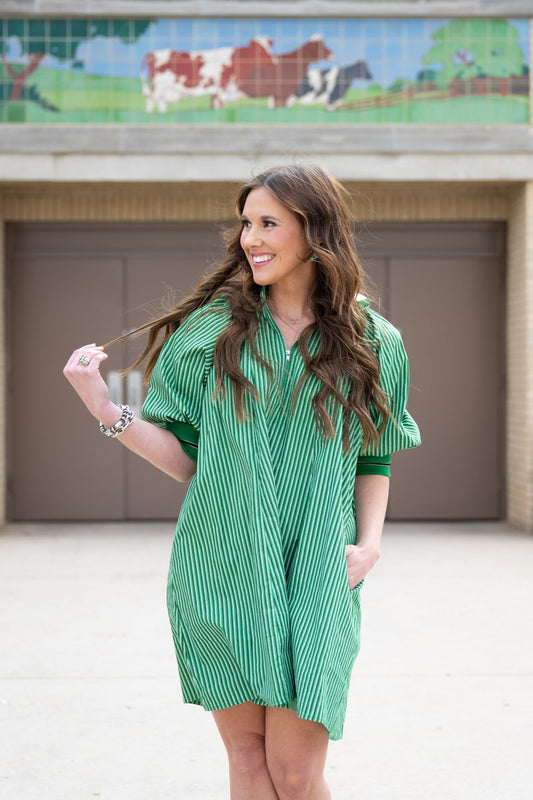 Heather Welper Collection Kelly Green Mock Neck Band Puff Sleeve Mini Dress