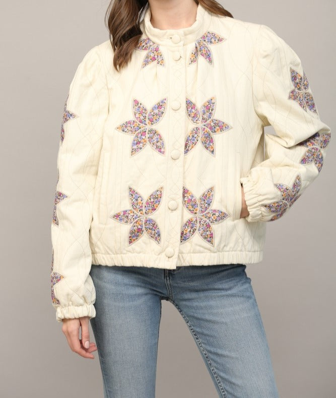 Cream Floral Appliques Quilted Jacket