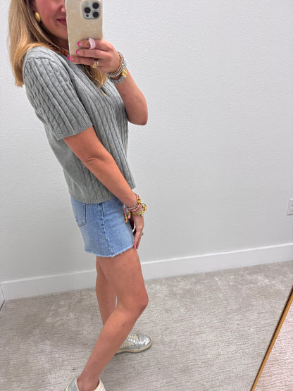 Heather Gray Round Neck Cable Knit Top