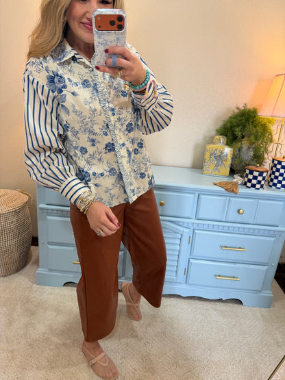 Denim Floral Stripe Sleeve Top with Pearl Buttons