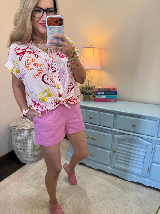 Pink Striped Printed Button Top