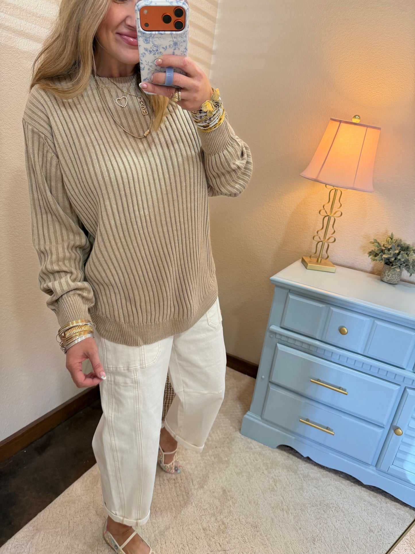 Tan Curved Bottom Long Sleeve Pullover
