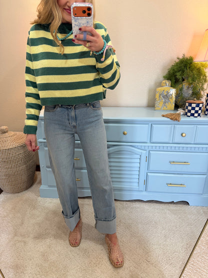 Dark Green & Pale Yellow Relaxed Fit Striped Boat Neck Sweater
