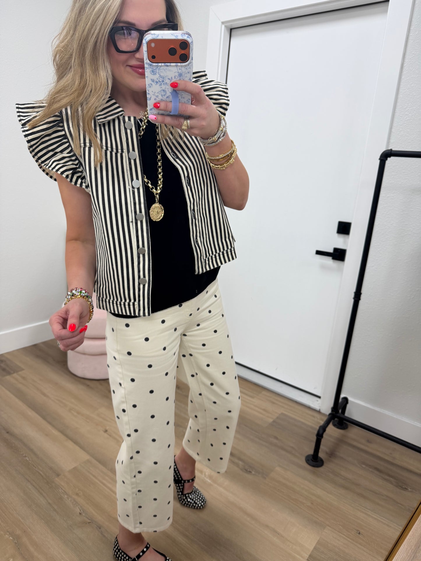 Cream & Black Polka Dot Twill Denim Straight Fit Pants